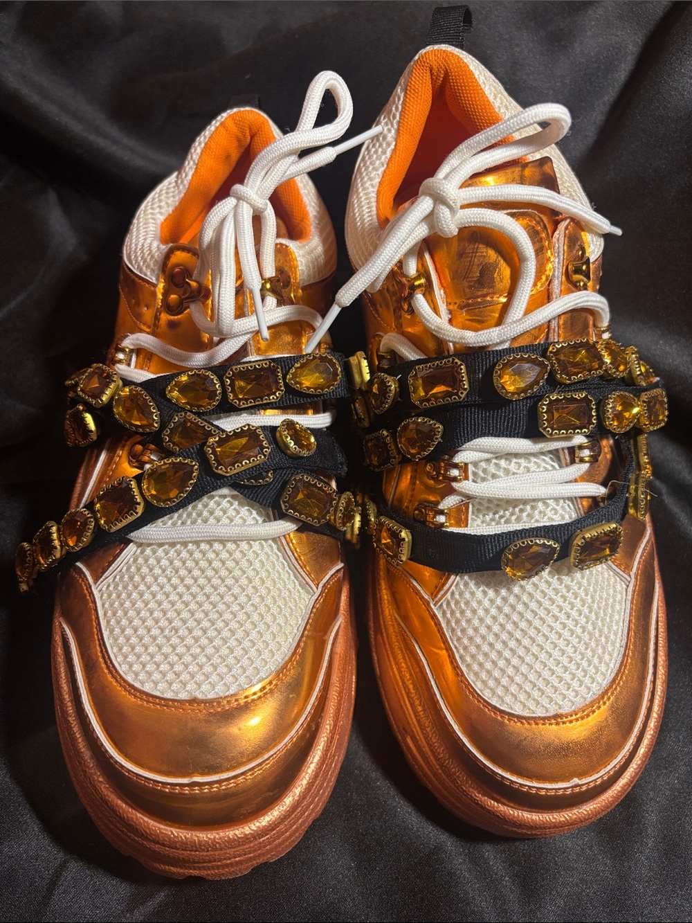 Cape Robbin Metallic Copper and White Platform Sneakers with Gem Straps